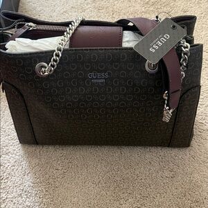GUESS Brown Monogram Shoulder Bag with Burgundy Accents